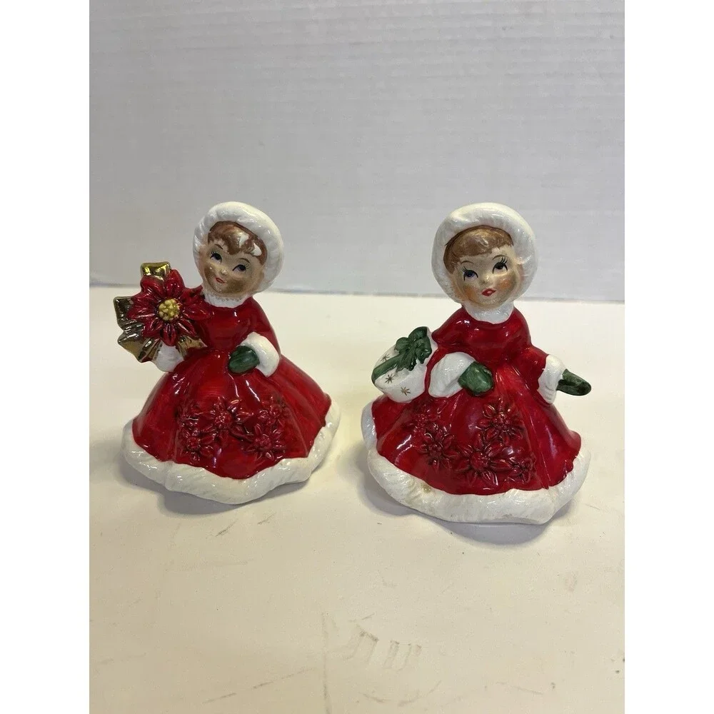 2 Lefton Poinsettia Girls Present Vintage Christmas Figurine Red Dress 6604